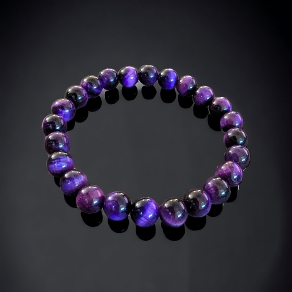 Purple Tiger Eye Bracelet Natural Stones 8mm Unisex Stretch Crystal Beads - Picture 3 of 3